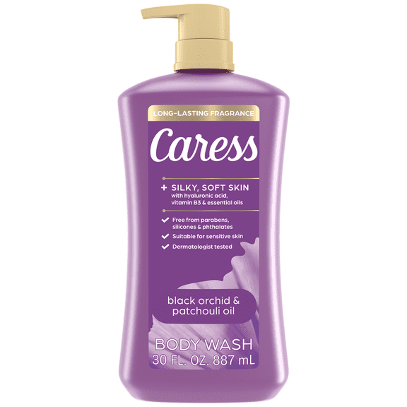 Caress Black Orchid & Patchouli Oil Moisturizing Body Wash, Body Soap with Hyaluronic Acid & Vitamin B3, 30 fl oz