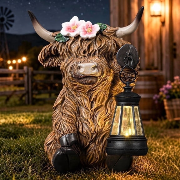 Solar Highland Cow Outdoor Garden Statue with Lantern Light, Solar Garden Decorations for Yard Lawn Patio, Cute Garden Animal Statue, Outdoor Garden Decor & Yard Art