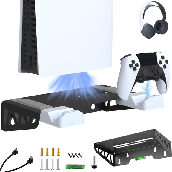 Steel Wall Mount Kit for PS5 Slim Disc Digital Versions with Fast Charging Station-Black