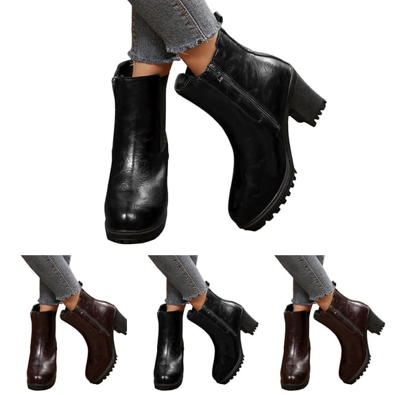 Dakaela Women's Chelsea Platform Boots High Chunky Heel Ankle Booties Slip on Elastic Combat Riding Boot