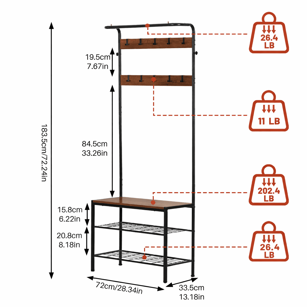 ZIVACATE Coat Rack, Hall Tree with Shoe Storage Bench, Entryway Bench with Shoe Storage, 4-in-1, Steel Frame, for Entryway, 28.35 x 13.27 x 72.05 in,Brown