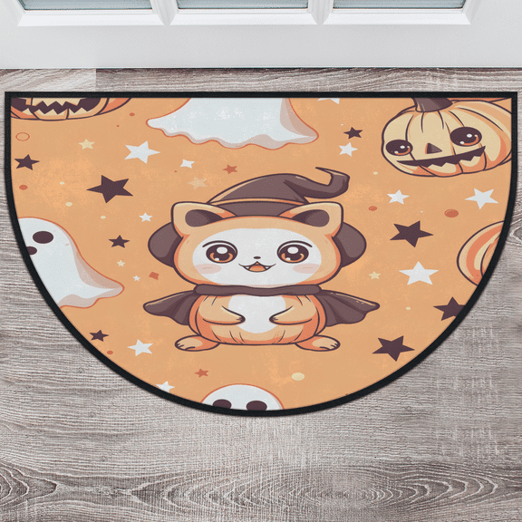 CURLYOOT Cute Halloween Cat Half Round Door Mat, Indoor Outdoor Entrance Rug, Semi Circular Area Rug, Non Slip Washable Absorbent Doormat, Laundry Room Rug 40'' x 63''
