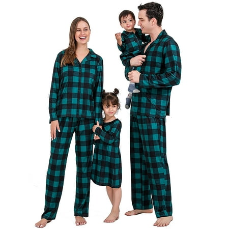 

Christmas Family Matching Pajamas Long Sleeve Green Plaid Cotton Pj Set Festival Party Sleepwear with Button