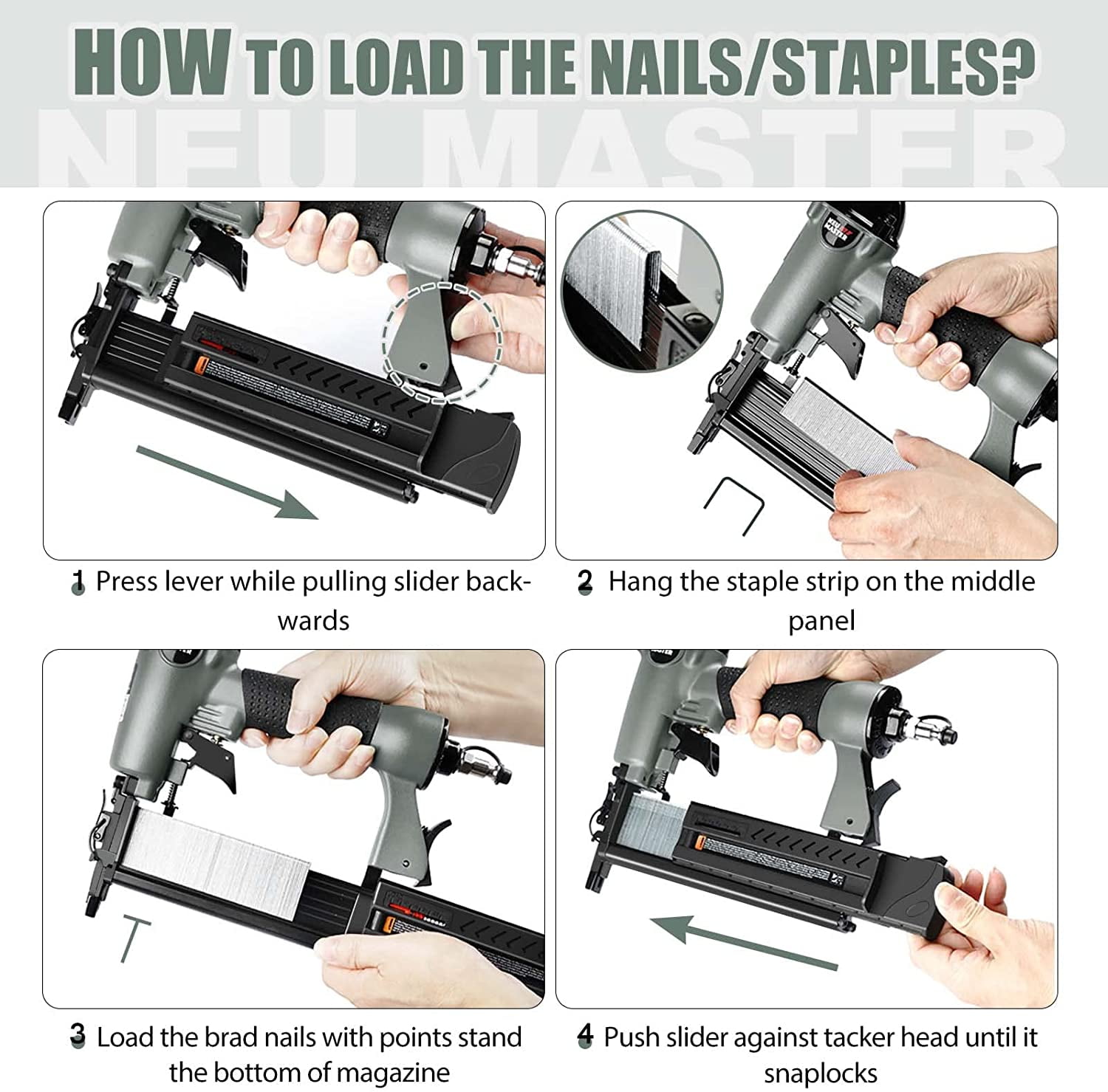 NEU MASTER  Pneumatic Nail Gun, 2 in 1 Staple Gun,Lightweight Portable Brad Nailer for Upholstery, Carpentry, Woodworking, Home Improvement (GRAY)