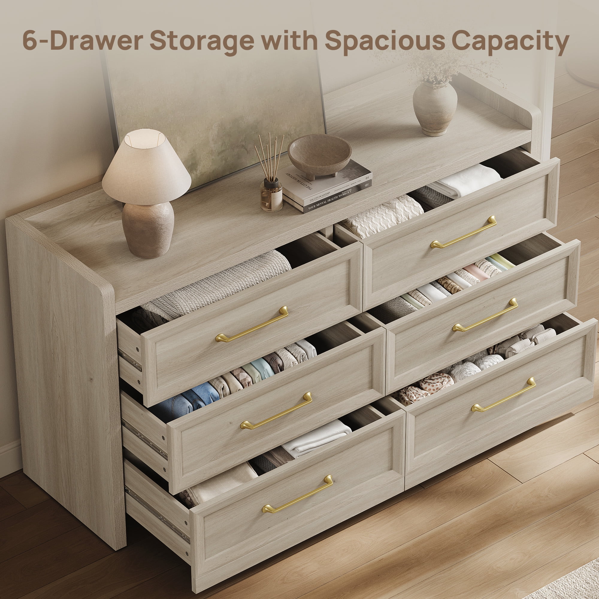 SICOTAS 56.4"W Farmhouse 6 Drawer Double Dresser, Long Chest of Drawers with Brass-tone Handles & Rolling Wheels, Wooden Dresser Storage Cabinet for Bedroom Living Room, White Oak