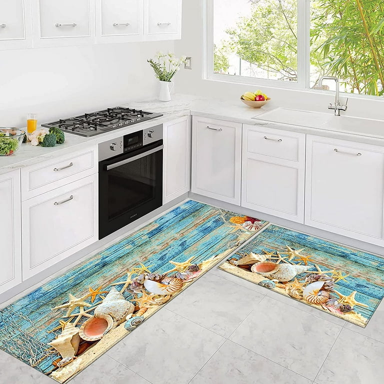 Nautical rug Beach Kitchen Mats for Floor 2 Piece Beach Mat Anti Fatigue Floor Mat for Kitchen Kitchen Floor Mats for in Front of Sink and Kitchen Matt for Standing for Kitchen