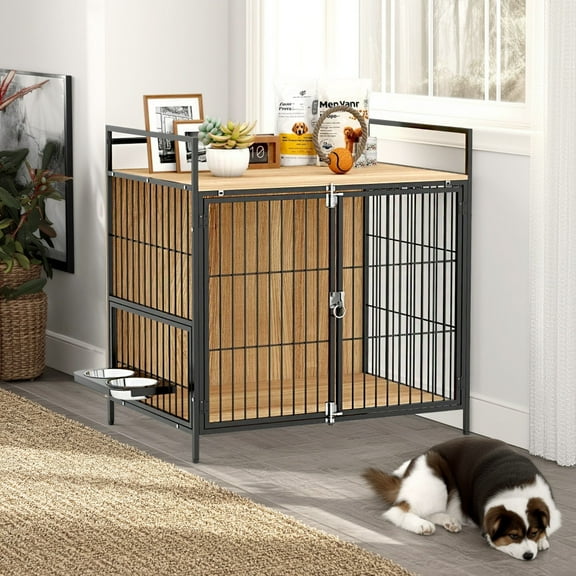 Pefilos 31" Furniture Style Dog Crate with Rotatable Feeding Bowl, 2 Anti-Escape Doors, Indoor Pet Kennel Dog Cage for Medium Dogs, Beige