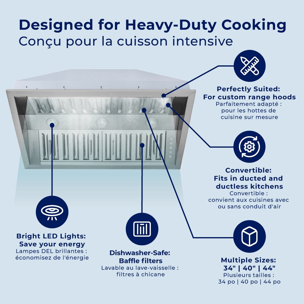 Hauslane | Pro-Style 34” IN-R300 Built-In Range Hood, 21” Deep | Low Noise Performance | Contemporary Design, Full-Size Handles, Professional-Grade Baffle Filters & Grease Tray, LED