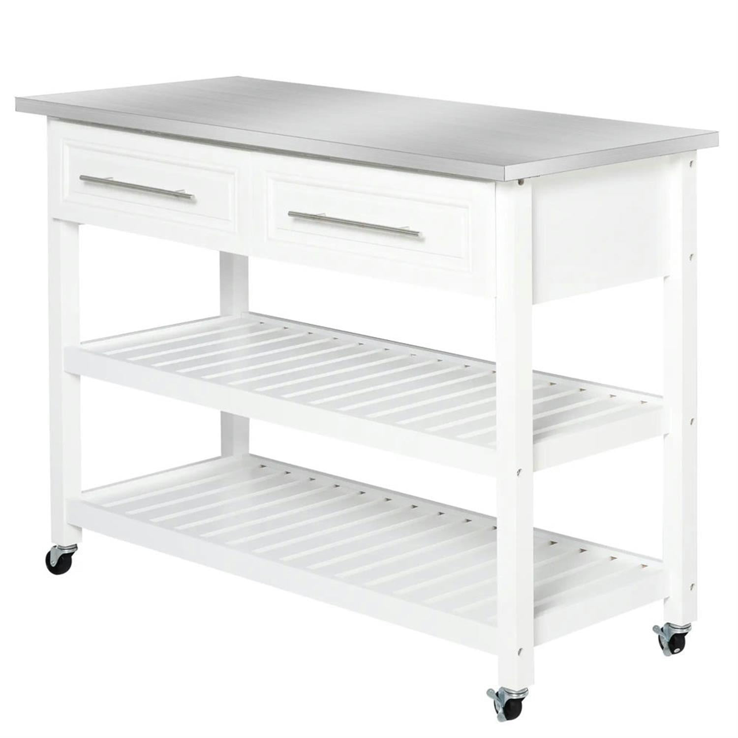 Demi Bonn Kitchen Island Cart on Wheels with Stainless Steel Top, Rolling Dining Room Serving Utility Carts Mobile Movable with Basket Storage, White