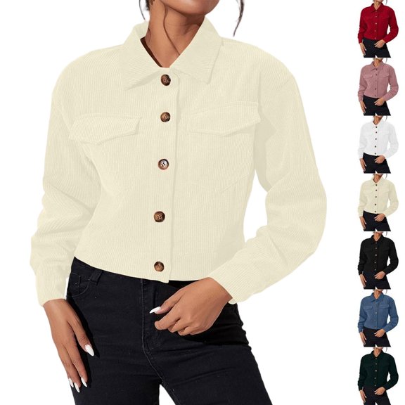 Tqcoqu Corduroy Jacket for Women, Long Sleeve Button Down Cropped Jacket, Dressy Casual Lightweight Crop Shackets with Pockets, Fall Winter Outwear,2026 Fashion Outfit