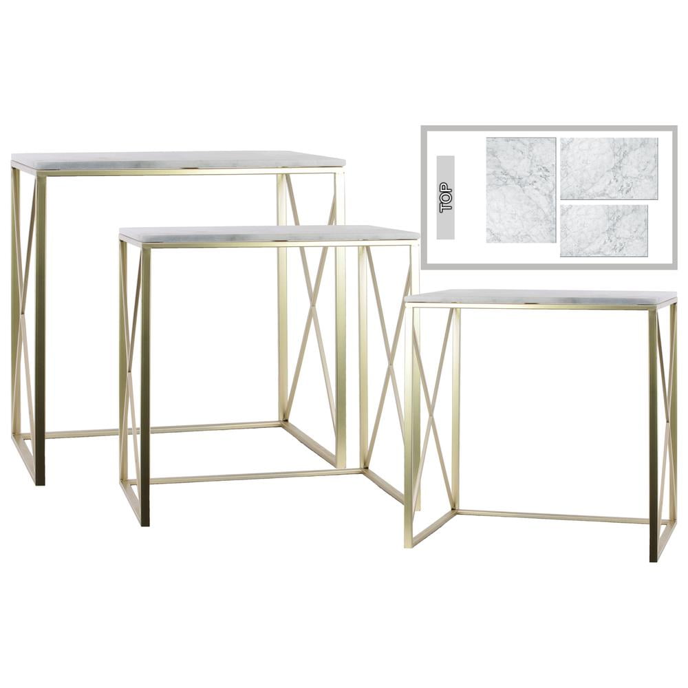 Metal Nesting Console Table With Marble Top, Champagne Silver, Set of 3