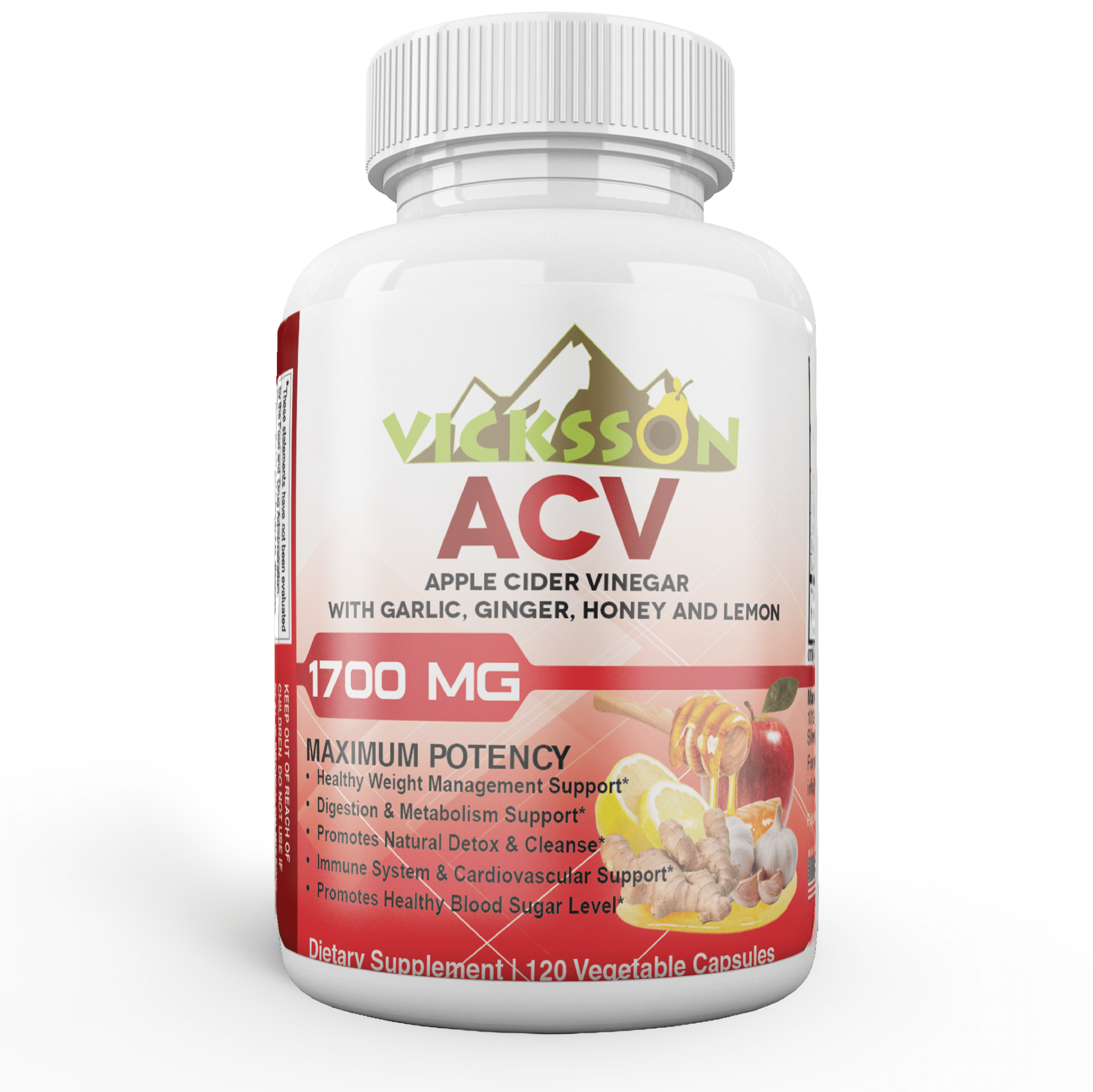 Vicksson Apple Cider Vinegar Pills 1700 mg of ACV Capsules or pills with Garlic, Ginger, Lemon & Honey for Weight, Detox, Cleanse, Appetite, Blood Sugar, Bloating, Metabolism & Immune Support | 120