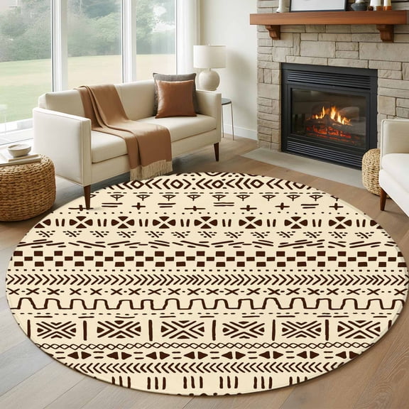 Abstract Boho Round Area Rug 5 FT, Non Slip Bedroom Rugs, Modern African Ethnic Geometric Beige Washable Soft Circular Carpet Non-Shedding Floor Mat for Kitchen Dining Room Foyer Balcony Dorm