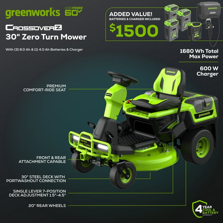 Greenworks 60V 30 CrossoverZ Zero Turn Riding Lawn Mower 3 8.0 Ah 1 4.0 Ah Batteries 600 Watt Charger 7422702 Walmart