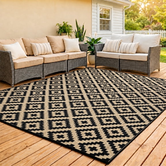 UNTIMATY 8'×10' Outdoor Rug Waterproof Patio Carpet Outdoor Area Rug Large Plastic Straw Mat for RV Camping Porch Deck Balcony, Black and Beige