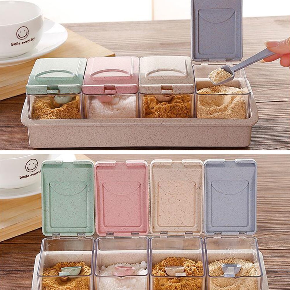 Kitchen Storage Box 4 Grids Separable Transparent Sugar Spice Seasoning Jar CL 