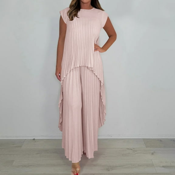 Xdegoge 2 Piece Sets for Women Going Out Outfits Fashion Plus Size Pleated Sleeveless Flowy Long Tops Elastic Waist Wide Leg Pants Set Matching Casual Loungewear Clothes Reorder Items Bought By Me