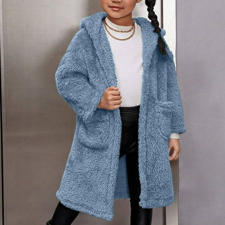 

Hinvhai Children s Girls Oversized Plush Jacket Fashion Casual Fall Winter Warm Thick Fuzzy Fleece Zip Up Solid Color Hoodie Outerwear Coat with Pocket Light Blue 11 Years