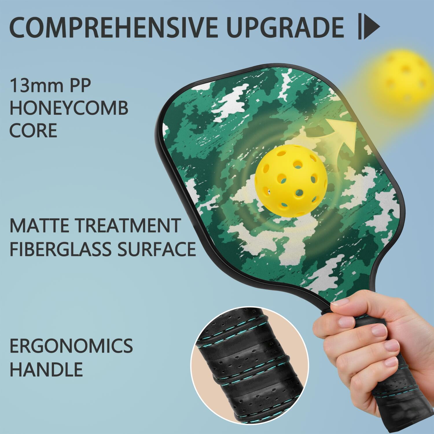 Pickleball Paddles Set Of 1, Fiberglass Surface, Camouflage Print, 1 Paddle, 2 Balls & Bag