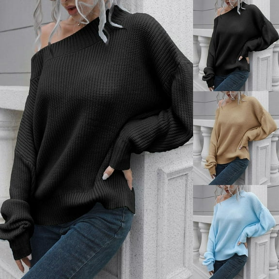 Olyvenn One Shoulder Short Sweaters for Womens Autumn and Winter Slim Fit Casual Womens Long Sleeve Solid Color Fashion Ladies Sweaters Tops Female Leisure Black L