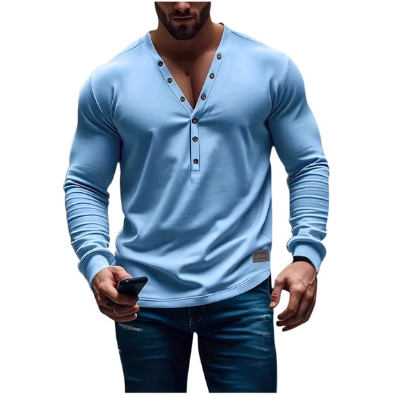 Long Sleeve Shirts for Men, Men's Long Sleeve Henley Shirt Deep V-Neck Shirts Button Down Casual Classic Tee Lightweight Fall Shirts