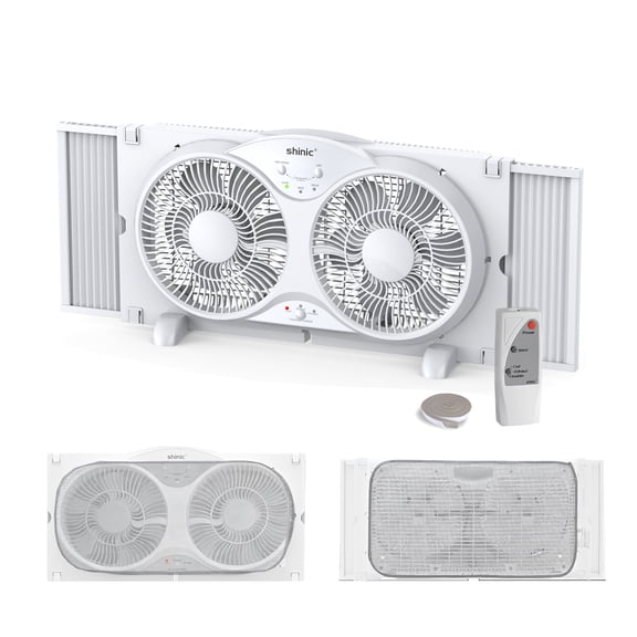 Shinic 9" Twin Window Fan with Remote Control, Reversible Airflow, 3 Speeds, Expandable Panels from 24" to 37", ETL Certified