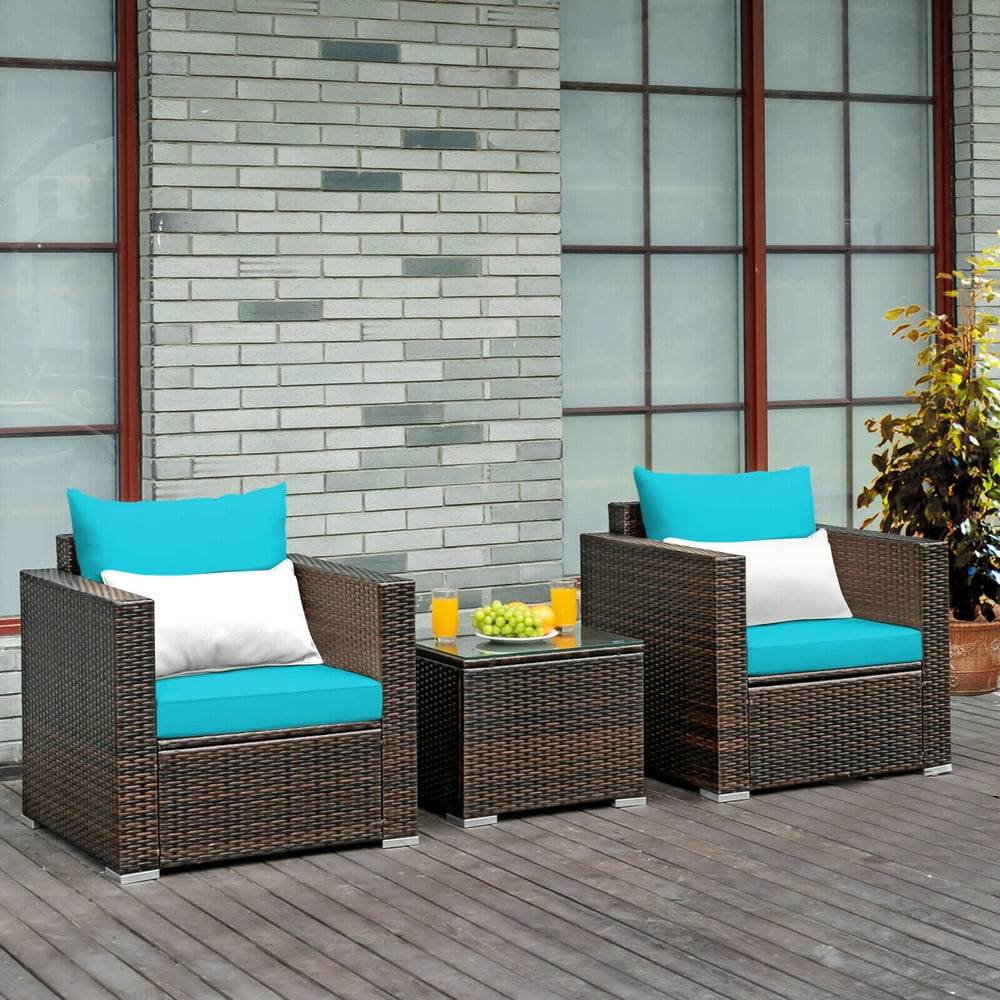 Gymax 3PCS Rattan Patio Outdoor Conversation Furniture Set w/ Turquoise Cushions