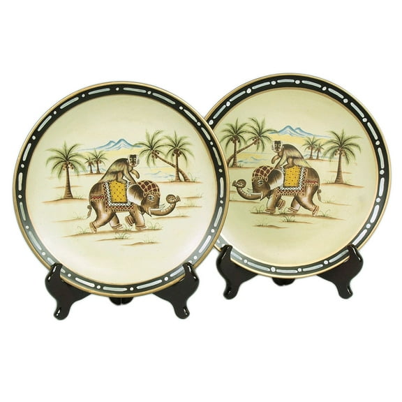 Zeckos Pair of Elephant With Monkey Decorative Plates 10 inch Diameter