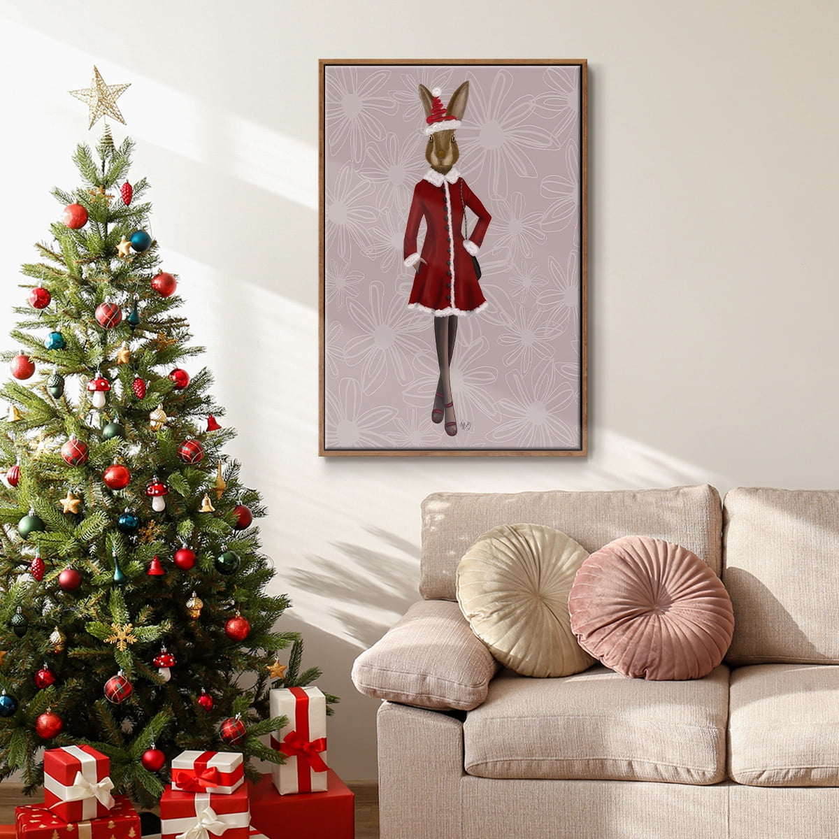 Christmas Christmas Fashion Bunny - Framed Gallery Wrapped Holiday Canvas - 25 x 37 - Rosewood Frame