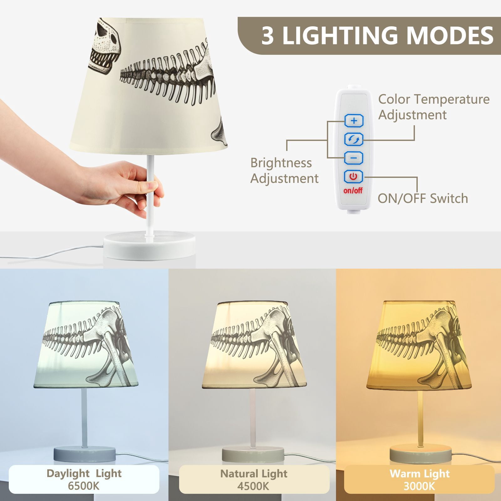 Dinosaur Skeleton Desk Lamp 3 Color Modes LED Table Lamp Nightstand Reading Light for Bedroom Living Room