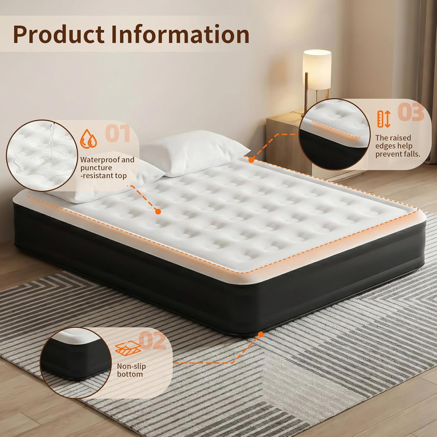 Queen Size self Inflating Blow up air Mattress with Built in Pump Inflatable Camping for Tents inflated Raised airbed