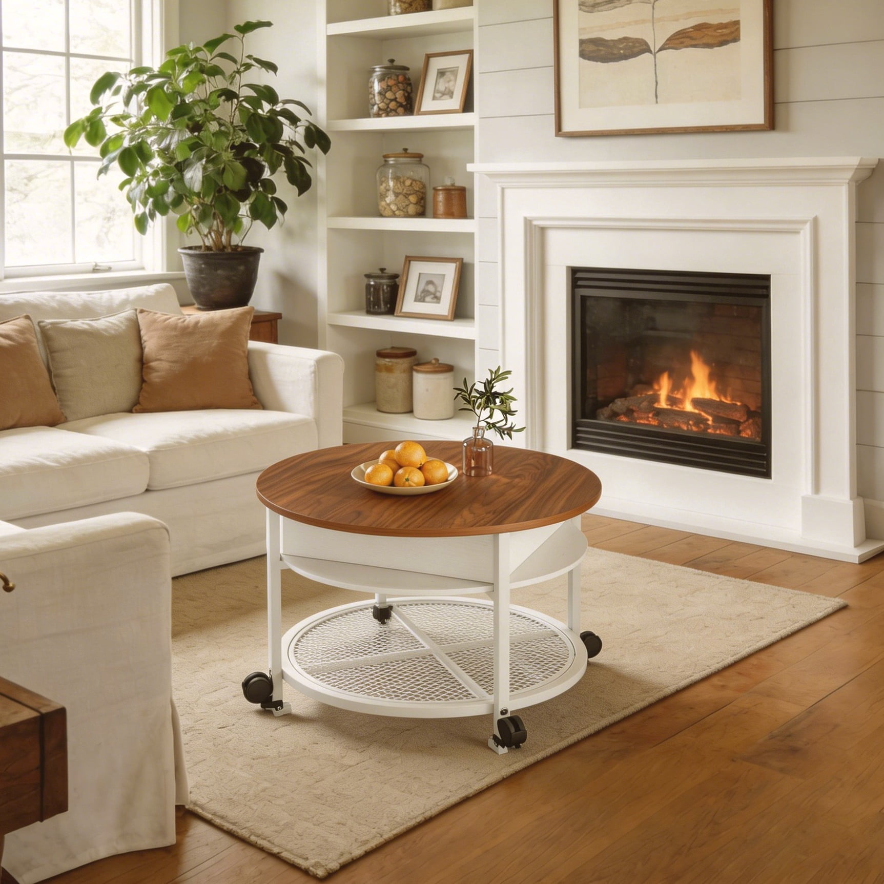 Ktaxon Mid-Century Coffe Table with Lift Top, 26.7" Round Coffee Table with Storage and Rolling Wheels, Modern Center Table for Small Spaces, Washed White