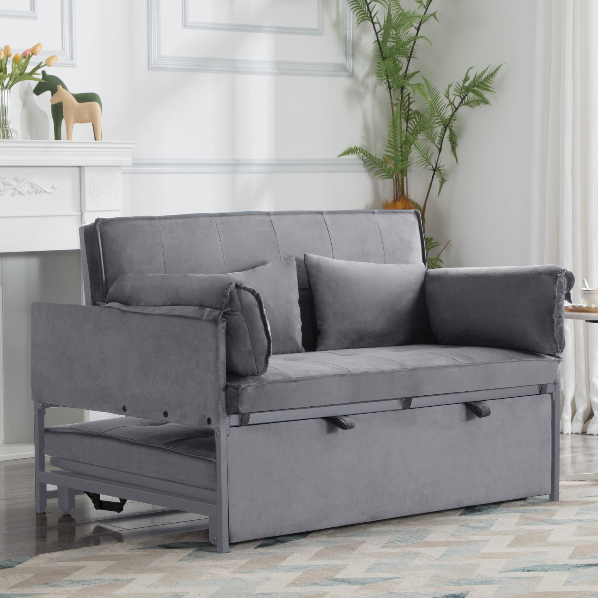 BSHTI 46" Velvet Pull-Out Sleeper Sofa Bed with Adjustable Back, 2 Pillows, Metal Frame for Living Room/Bedroom（Grey）