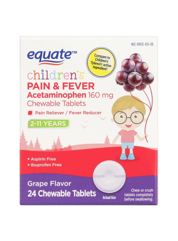 Equate Children's Grape Pain & Fever Relief Medicine, 160 mg, 24ct Chewable Tablets