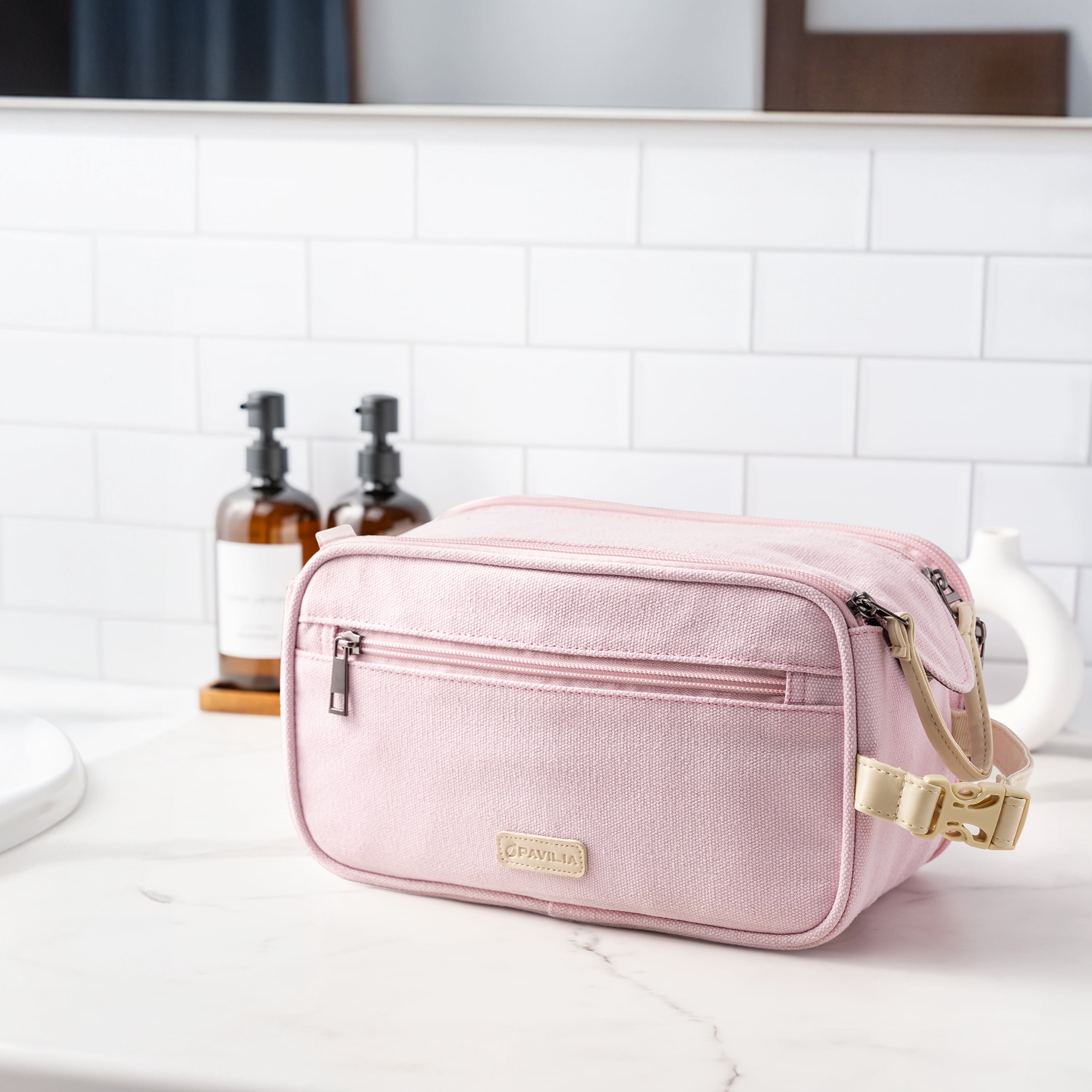 Pavilla Toiletry Bag, Mens Dopp Kit Bag, Canvas Travel Toiletry Bag, Water Resistant Shaving Bathroom Organizer for Travel, Gym, Shower Toiletries Storage for Grooming Accessories (Extra Large, Pink)