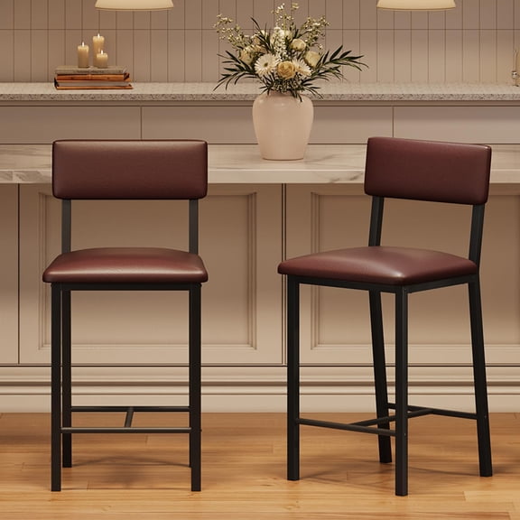 COOLYI Set of 2 Counter Height Bar Stools – 25" Upholstered PU Leather Chairs – Brown