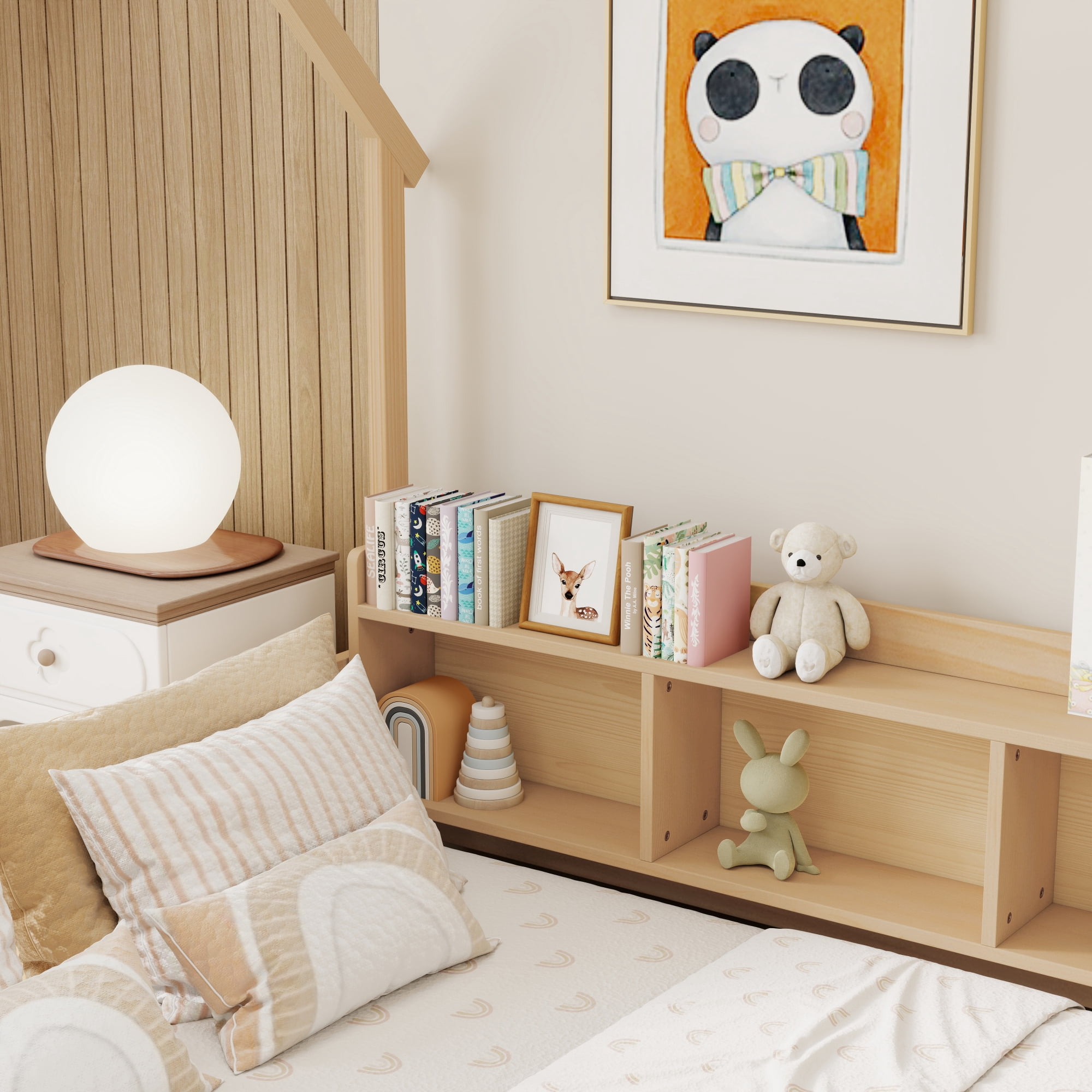 Leumius Full Size House Floor Bed with Storage Shelves,Built-in LED Lights & Charging Station,Pine Wood Floor Bed Frame with Safety Guardrails for Kids Bedroom Natural