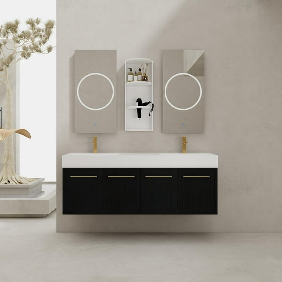 Lisonu 60 Inch Wall-Mounted Bathroom Vanity with Double Resin Sink, Floating Cabinet with 4 Soft-Close Doors & Storage Rack for Modern Bathrooms, Black Chestnut