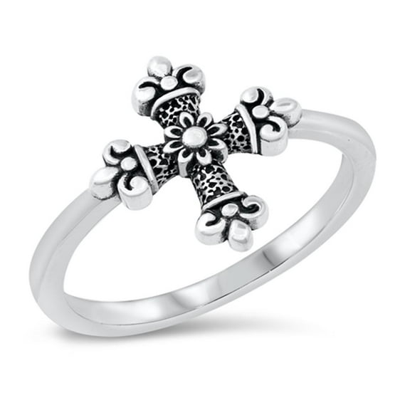 Ornate Christian Blossom Cross Ring .925 Sterling Silver Band Jewelry Female Male Unisex Size 10