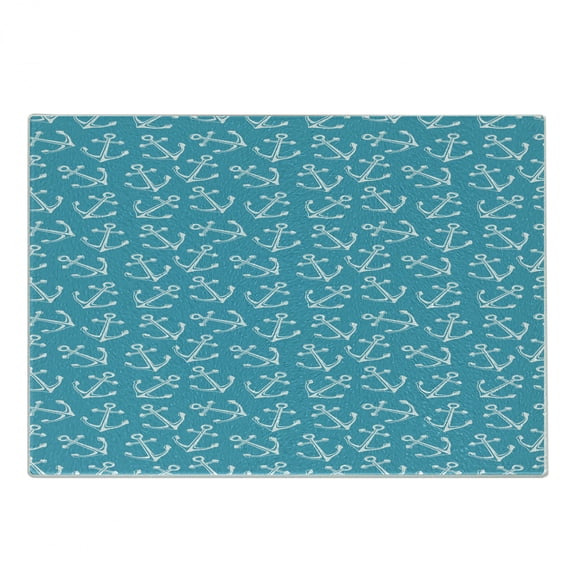 Anchor Cutting Board, Pattern Cruise Sail Ocean Sea Travel Theme Vintage Design Summer, Decorative Tempered Glass Cutting and Serving Board, Small Size, White Deep Sky Blue, by Ambesonne