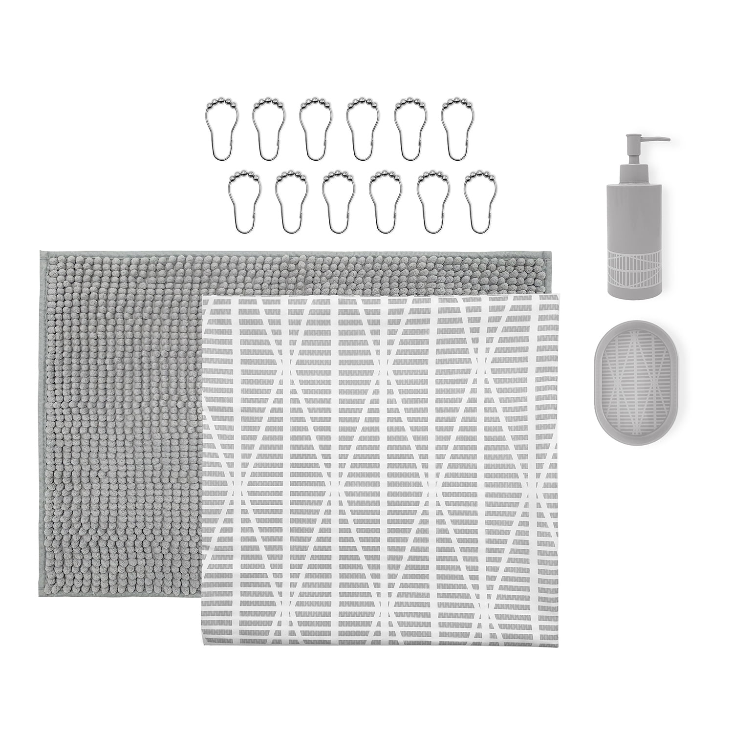 Mainstays 16-Piece Grey Diamond Geo Shower Curtain Bathroom Set – Fabric Curtain with Rug, Hooks, Soap Dispenser & Tray