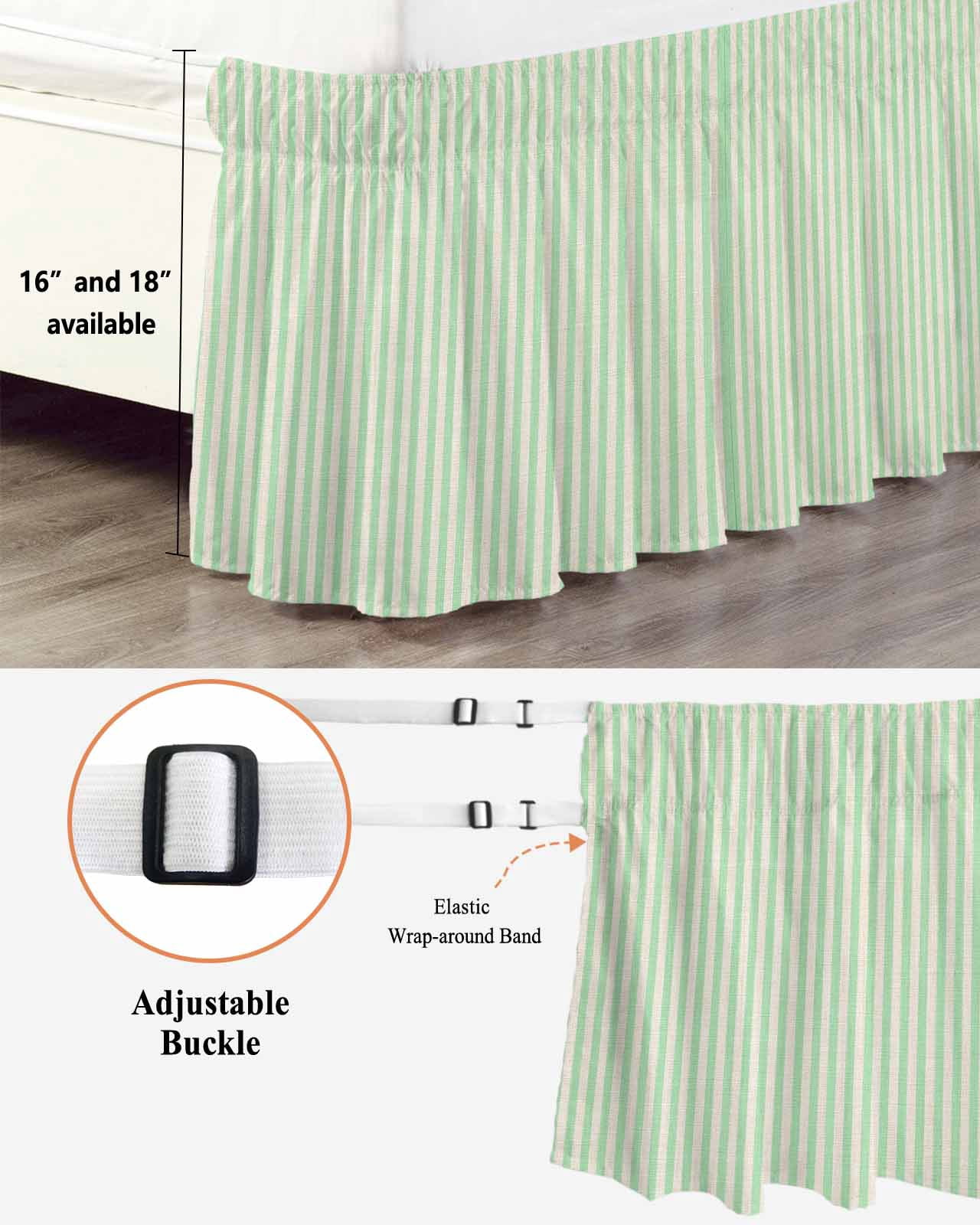 Sage Green Striped Wrap Around Bed Skirts for King Bed 18" Drop, Bed Skirt with Adjustable Elastic Belt Dust Ruffle Bed Valance for Bedroom Hotel Luxury Modern Simple Farmhouse Beige Bed Frame Cover