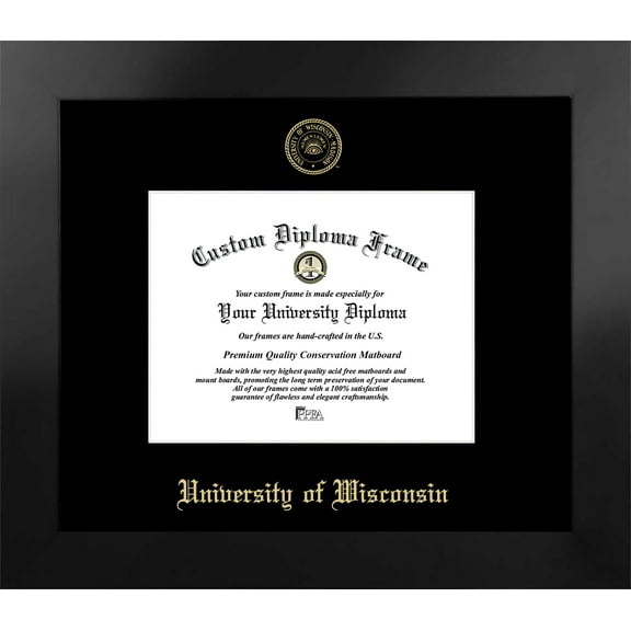 University of Wisconsin - Madison 8w x 6h Manhattan Black Single Mat Gold Embossed Diploma Frame with Bonus Campus Images Lithograph (value savings at $59)