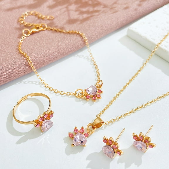 Cat Paw Print Alloy Pave Cubic Zirconia Pendant Necklaces & Stud Earring & Ring & Link Bracelets sets for Women Light golden 530mm