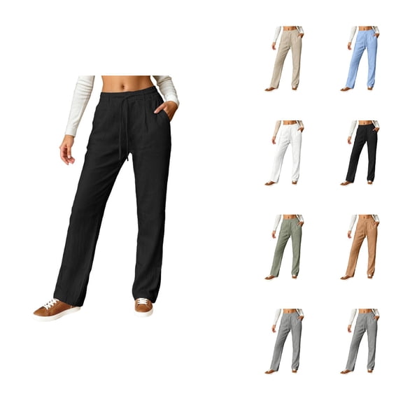 Comfortable Linen Pants Women Lightweight Elastic Waist Straight Leg Relaxed Fit Lounge Pants with Pockets Beach Trousers