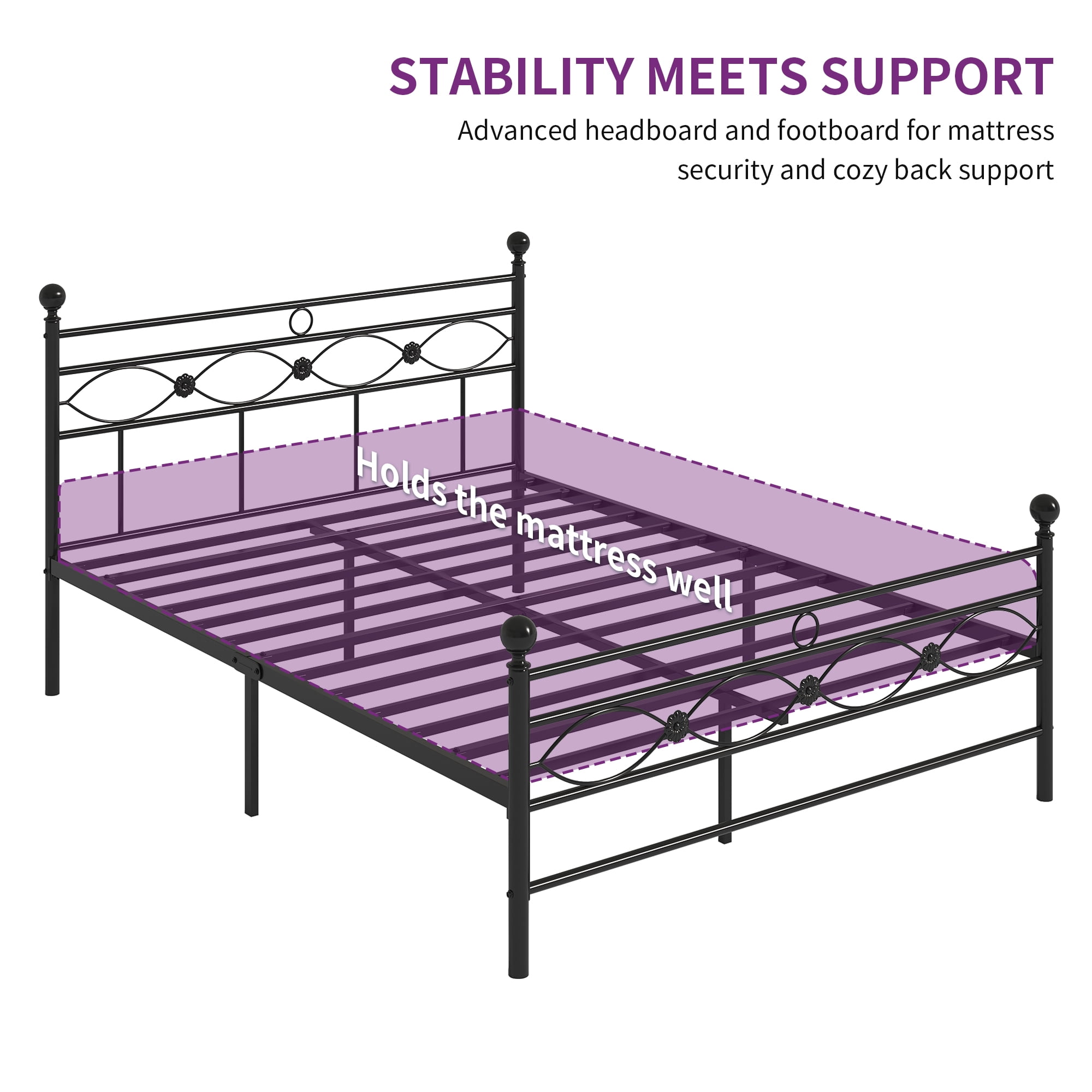 Dextrus Industrial Full Size Platform Metal Bed Frame with Headboard & Soundproof Cotton, No Box Spring Needed