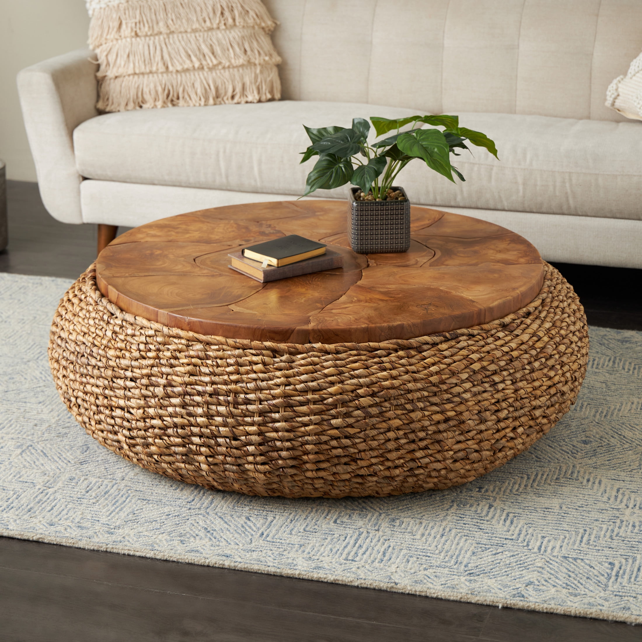 DecMode 47" x 15" Brown Rattan Wrapped Coffee Table with Teak Tabletop, 1-Piece