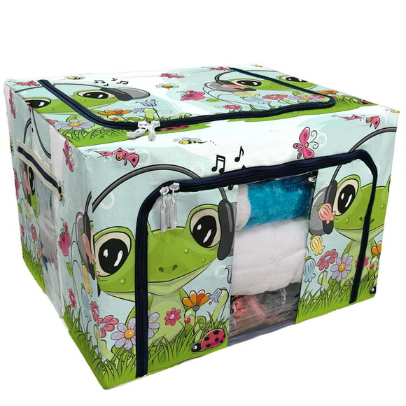 EREHome Cute Cartoon Frog on a meadow flowers butterflies Storage Bag Clear Window Storage Bins Boxes Large Capacity Foldable Stackable Organizer With Steel Metal Frame For Clothes,Closets, Bedrooms