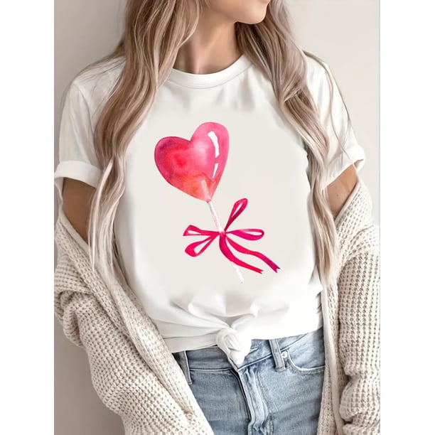 Camiseta informal de San Valentín para mujer, cuello redondo, tejido de punto, manga corta con ligero estiramiento, corte regular, ideal para cualquier temporada. Estampado de corazón y lazo de dibuj