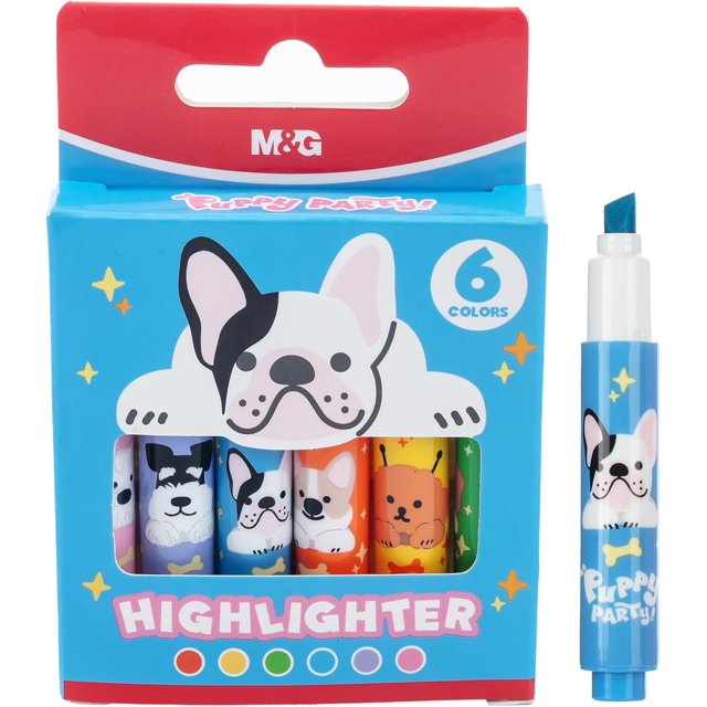 6 Pack Mini Highlighters, Couleurs Fluorescentes Assorties, Stylos Highlighter Design Chiot Mignon, Pointe Biseautée Séchage Rapide, Highlighters Anti-Saignement pour Fournitures Scolaires et de Bureau (Multicolore)